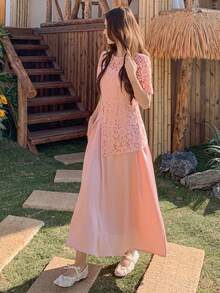 DAZY Women's Elegant Contrast Lace Long Dress, Suitable For Dates In Summer Sundress - Pink - View 5
