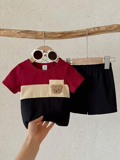 男婴针织撞色圆领单口袋休闲T恤和短裤两件套