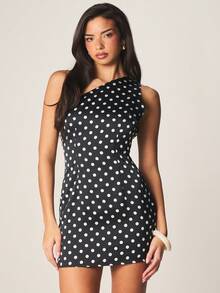 MISSGUIDED 波点单肩迷你连衣裙，修身无袖派对礼服，腰部褶皱设计，晚礼服，修身不对称领口 - 黑與白 - 查看 4