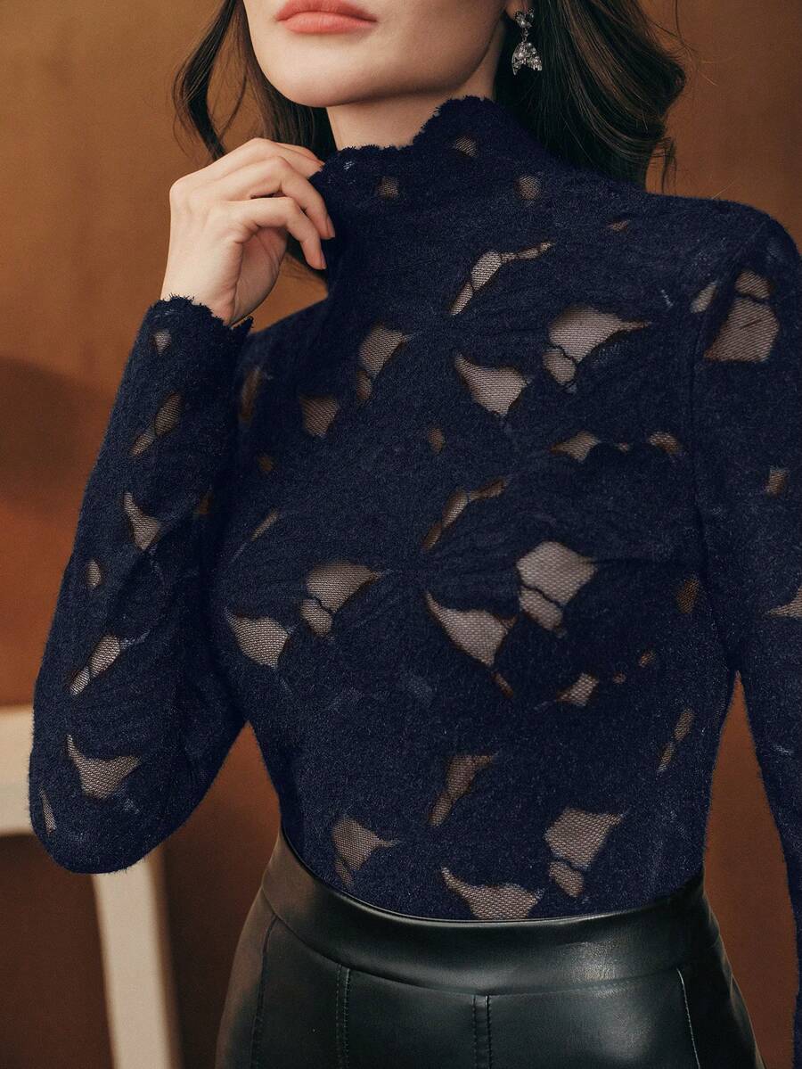 Anewsta Elegant Fashionable Sexy Versatile Fitted Sheer Textured Lace Long Sleeve Undershirt, Suitable For Fall, Winter, Spring, New Year, Party, Wedding - Navy Blue - View 1