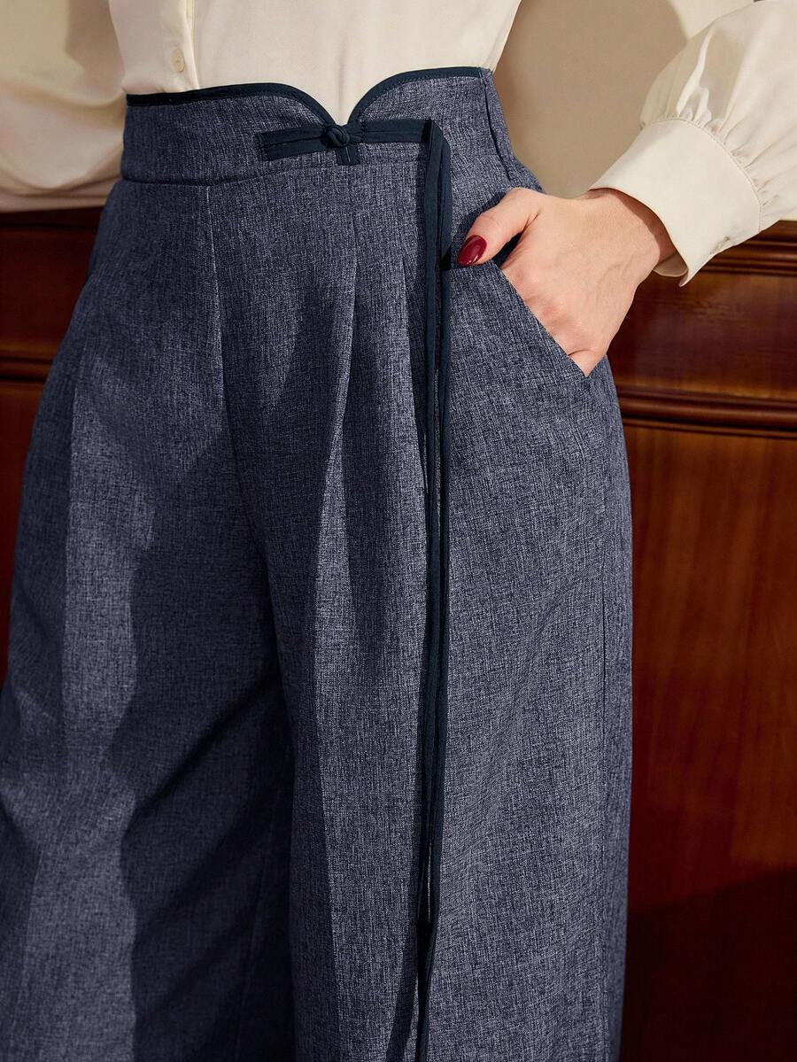 Vintamour Vintage Classic Elegant Women's Pants, Fitted Contrast Trim Long Pants, Button Closure Brown Trousers, Autumn/Winter Navy Blue Pants Elegant Pants For Women High Waist Pants Woman - Dusty Blue - View 1