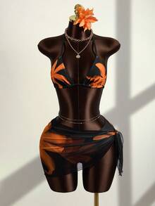 Zestiva 女士印花露背系带性感比基尼三件套，海滩度假 - 黑色 - 查看 3