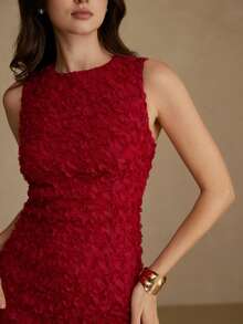 Revavyn Revavyn New Elegant Embellished Mesh Floral 3D Fitted Party Evening Cocktail Mini Dress, Versatile For Daily Wear - Red - View 7