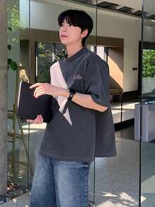 DAZY Men's Grey Letter Print Crew Neck T-Shirt, Summer - Grey - View 5