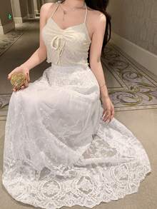 DAZY 女士休闲度假风弹力腰蕾丝长裙，优雅 - 白色 - 查看 4