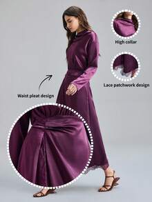 Ontre Vestido Longo de Manga Comprida Elegante com Recortes de Renda e Drapeado em Cor Sólida para Mulheres - Multicolorido - Visão 2