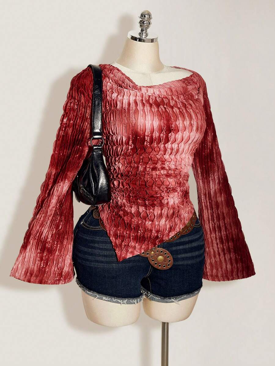 SHEIN ICON 秋季女式加大码西部波西米亚复古哥特风露肩外出扎染印花不对称下摆长袖喇叭袖时尚T恤 - 酒紅色 - 查看 1