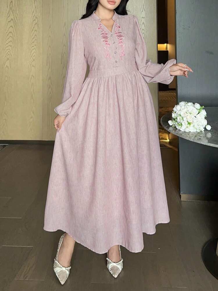Dazy Plus Plus Size Women Elegant Long Dress With Embroidered Placket, Cinched Waist And Lantern Sleeves, Pink, Spring/Summer Sundress Boho