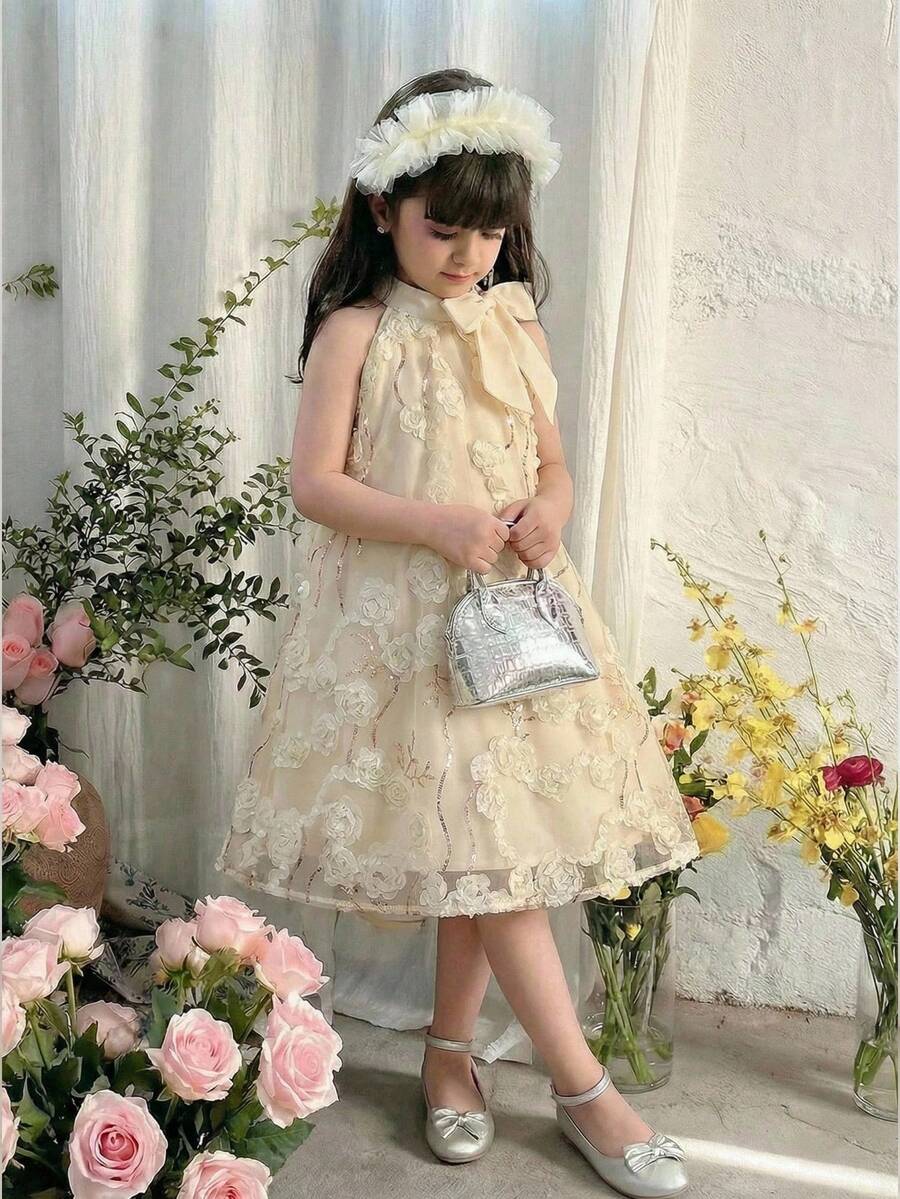 SHEIN LMoss Kids 优雅提花串珠无袖连衣裙,杏色,适合年轻女孩 - 杏色 - 查看 1