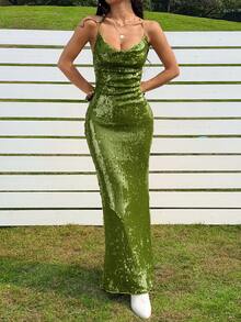 SHEIN EZwear New Summer Music Festival  Green Sequin Dress Women's Sexy Backless Sequin Dress, Fitted Sleeveless Party Dress For Summer - Green - View 3