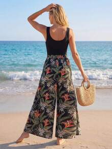 SHEIN LUNE Tropical Print Slant Pocket Belted Cami Jumpsuit - Multicolor - View 2