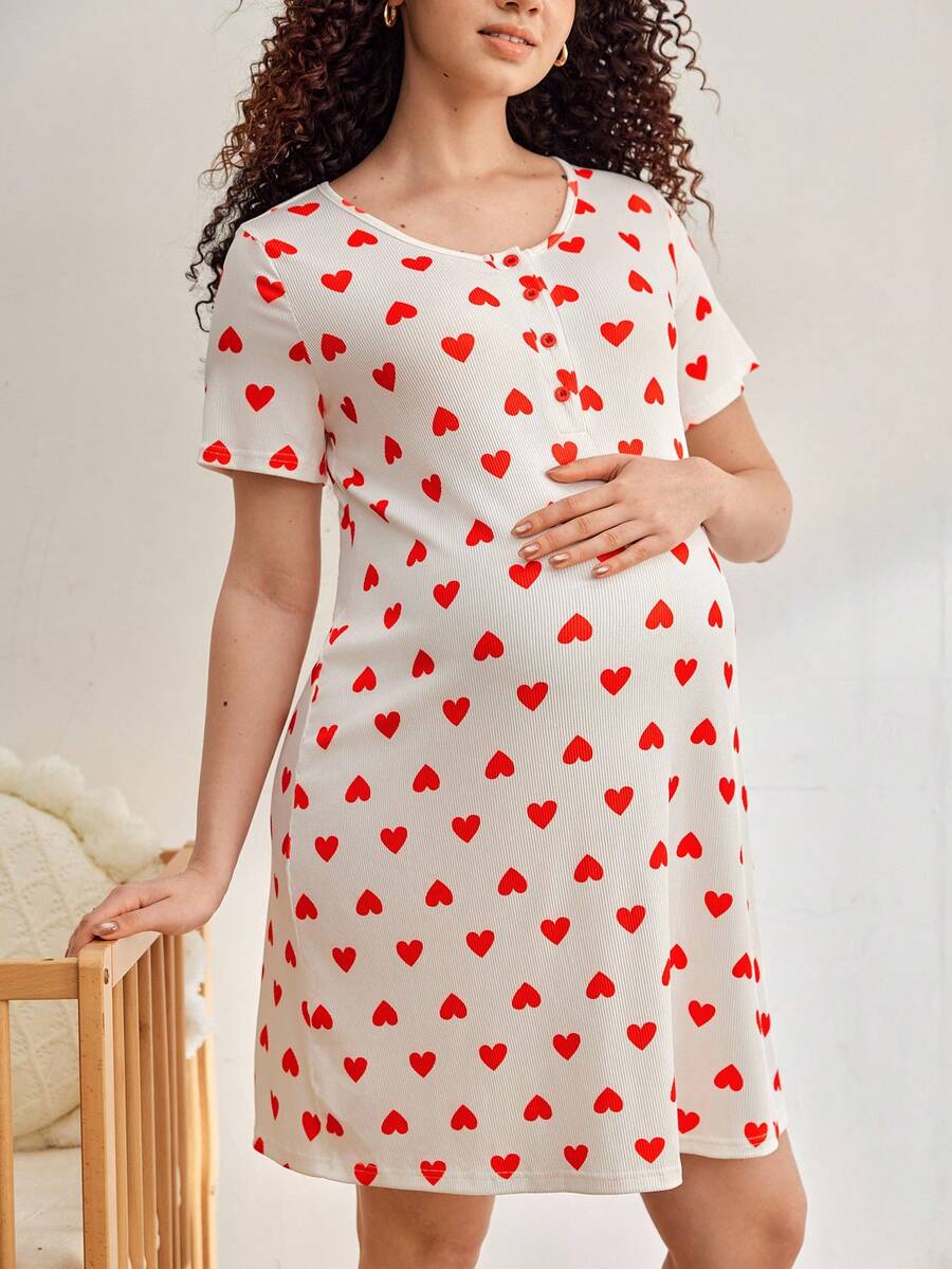 Comfortable, Casual, Homewear, Soft, Heart-Shaped Maternity Nightgown - Multicolor - View 1