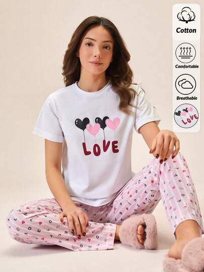 Loomlin Cotton Women 2 Pcs Cute Heart Balloon Pattern Short Sleeve And Striped Love Pattern Long Bottom Homewear Comfort PJ Set Cute Sleep Set Pajamas Set 100 Cotton Round Neck Pajama Sleep Wear Women Set Pajama Sets For Women