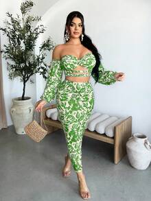 SHEIN SXY 女士印花露肩灯笼袖扭结设计短款性感上衣 - 綠色 - 查看 6
