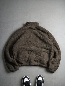 PAVTROS 男士纯色抓绒拉链长袖夹克外套，冬季 - 咖啡棕 - 查看 5