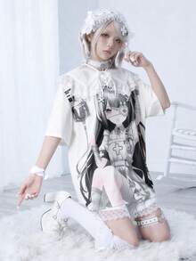 ROMWE Anime 动漫卡通病娇女孩粉色宽松圆领短袖T恤 - 黑色 - 查看 5