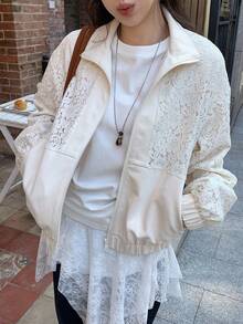 Livesso 蕾丝拼接休闲高领女式常规外套 - 米色 - 查看 4