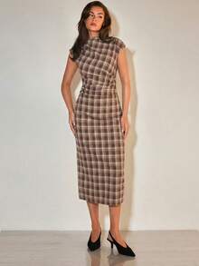 COSMINA Women's Stand Collar Ruched Plaid Fitted Long Dress - Multicolor - View 1