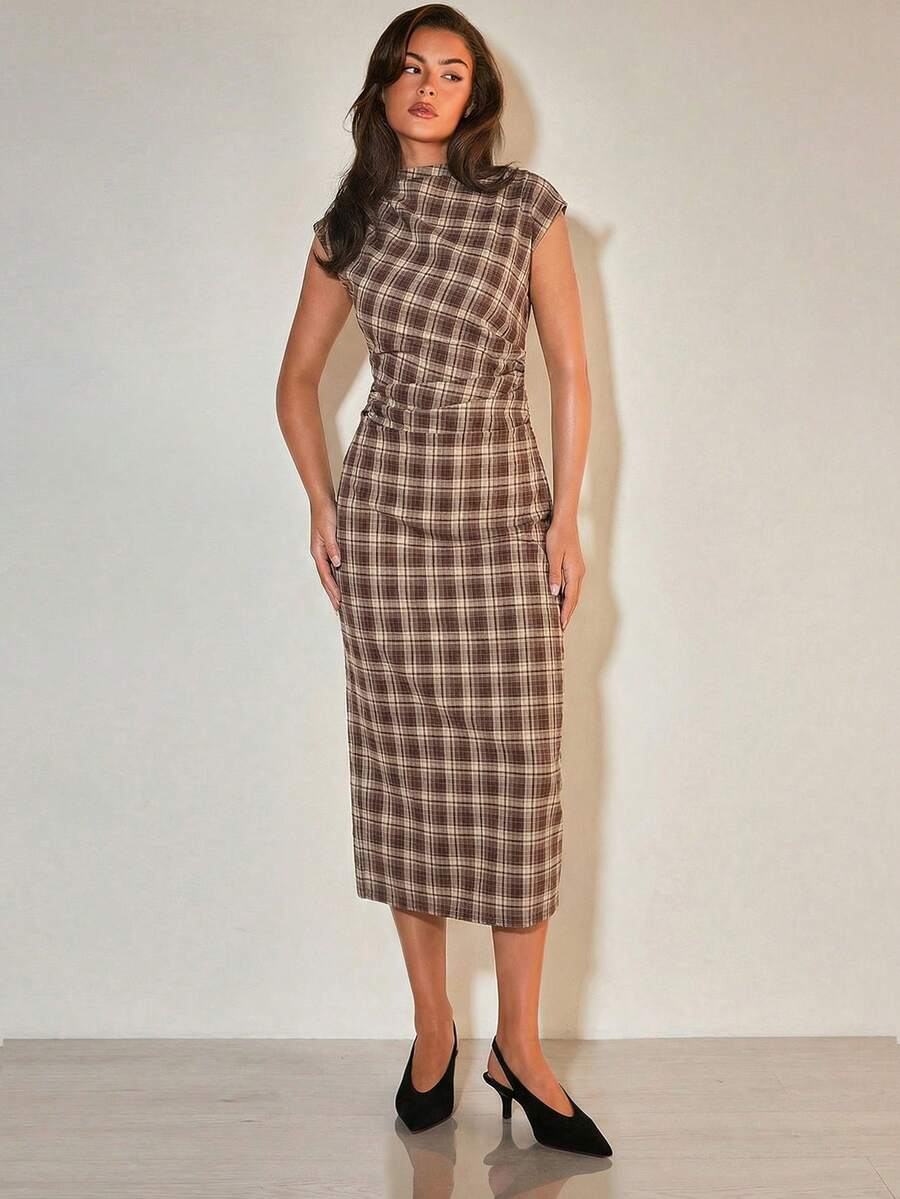 COSMINA Women's Stand Collar Ruched Plaid Fitted Long Dress - Multicolor - View 1