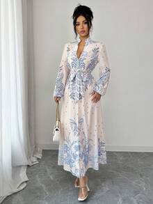 EMERY ROSE Women's Elegant Printed Long Sleeve Dress - Apricot - View 6