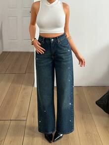 EURMUSE Casual Washed Rhinestone Embellished High Waist Straight Leg Jeans - Medium Wash - View 5