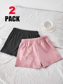 SHEIN Sparklyn Tween Girls' Elastic Waist Knit Striped Casual Loose Shorts, Multi-Pack, Multi-Color - Multicolor - View 2