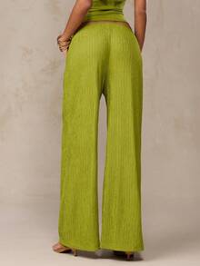 SHEIN BAE Olive Green Textured Woven Low Waist Elastic Waist Pocket Wide Leg Pants, Suitable For Beach, Summer, Casual - Olive Green - View 2