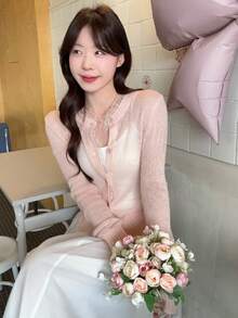 DAZY Women's Pink Soft & Sweet Ruffled Hem Korean Style Long Sleeve Knit Sweater - Baby Pink - View 3