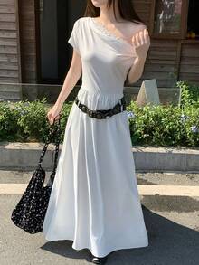 DAZY Damen Spitzenbesatz Träger einfarbiges Midikleid, koreanischer Stil - Weiss - Übersicht 5