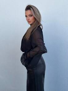 Jeta Ari 女士休闲纯色立领灯笼袖宽松衬衫，秋季 - 黑色 - 查看 5