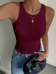 DAZY 女士优雅纯色修身吊带背心，适合秋冬夏季穿着 - 紫色 - 查看 4