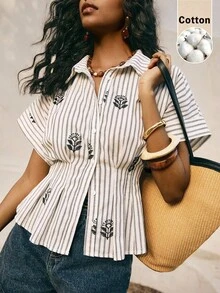 Poéselle Áo sơ mi nữ mùa hè kiểu dáng thường ngày, kẻ sọc, thêu hoa, cài cúc phía trước. - Nhiều màu - Xem 1