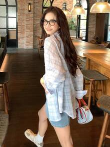 DAZY Women's Plaid Collar Long Sleeve Shirt, Korean Style, Spring/Summer - Baby Blue - View 1