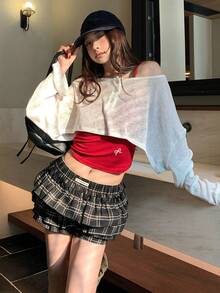 DAZY Women's Black Plaid Mini Skirt, Waist Skirt, Petite Fit, A-Line Skirt - Black and White - View 9