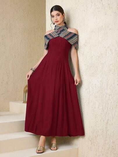 Al Najma Women's Elegant Vintage Geometric Jacquard Patchwork Cold Shoulder Halter Dress