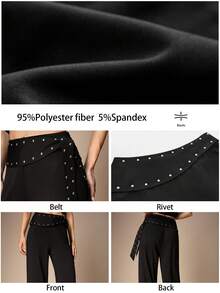 Maija 女士纯色直筒宽松金属铆钉设计长裤 女士正装裤 - 黑色 - 查看 3