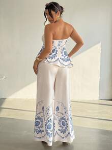 Firerie 大码复古抹胸上衣和宽松长裤两件套，休闲百搭，夏季必备 - 藍白色 - 查看 3