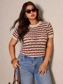 Elaquor 大码优雅法式镂空针织外壳图案透气休闲百搭套头针织上衣，适合女士，春夏款 - 米色 - 查看 5