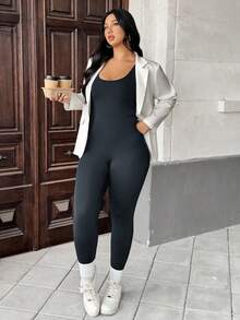 Auralis 大码女士健身瑜伽连体衣，黑色紧身裤，健身服，骑行瑜伽服，运动健身服，休闲运动裤，高弹力连体衣，黑色连体裤，秋季运动服 - 深灰色 - 查看 5