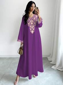 SHEIN Najma 女士复古花卉数码印花V领长袖优雅阿拉伯连衣裙，春秋季 - 彩色 - 查看 1