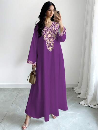 SHEIN Najma Women's Retro Floral Digital Print V-Neck Long Sleeve Elegant Arabian Dress, Spring/Autumn