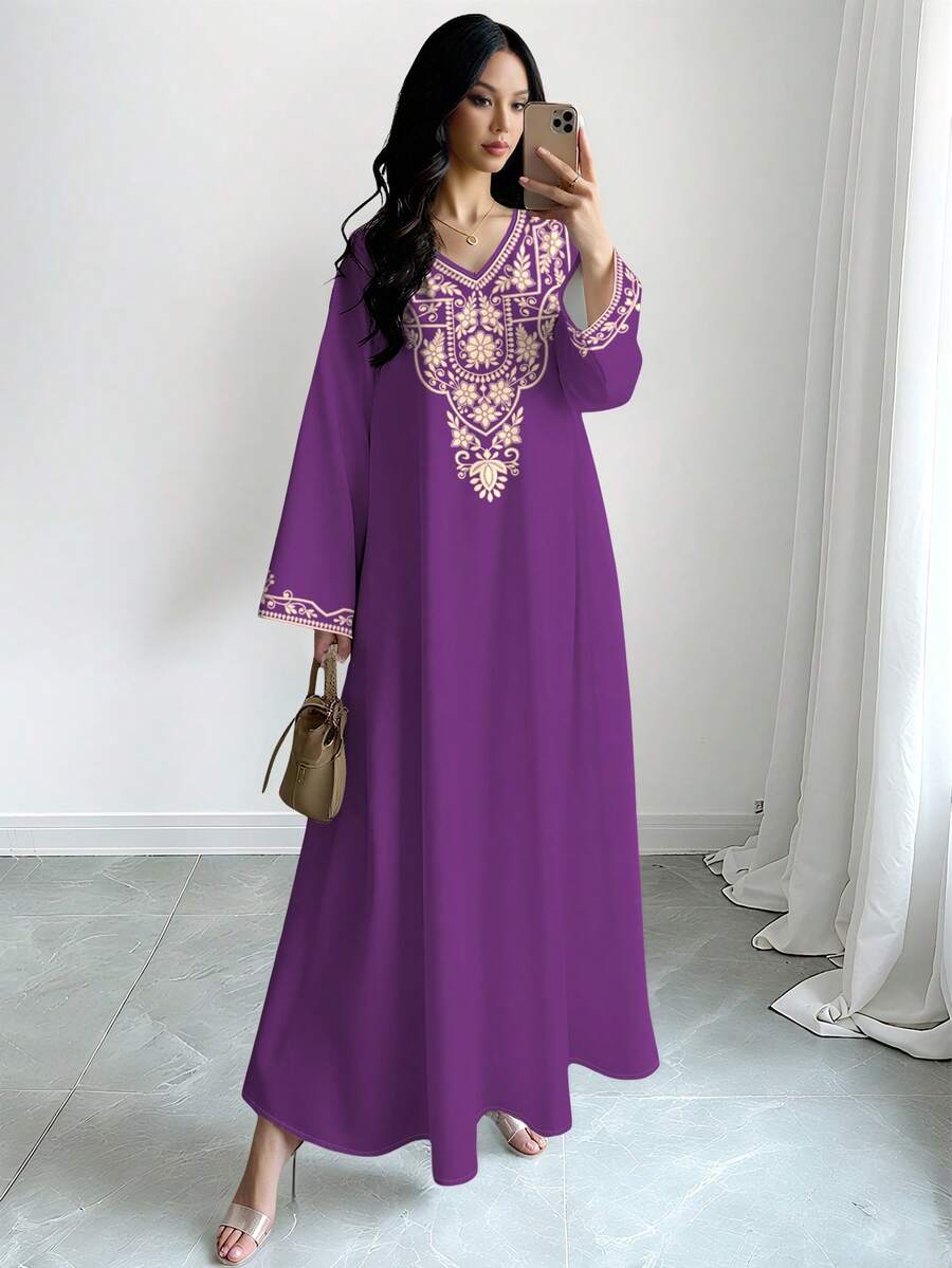 SHEIN Najma 女士复古花卉数码印花V领长袖优雅阿拉伯连衣裙，春秋季 - 彩色 - 查看 1