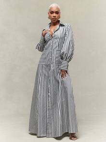 Stripe Oversized Balloon Long Sleeve Button Down Shirt Dress - Black and White - View 2