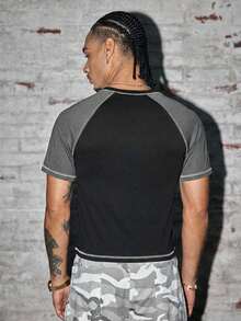 AXEPEAK 男士极简印花圆领短袖T恤 - 黑色 - 查看 2