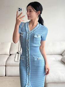 DAZY Women's V-Neck Single-Breasted Bodycon Party Knit Dress - Blue - View 1