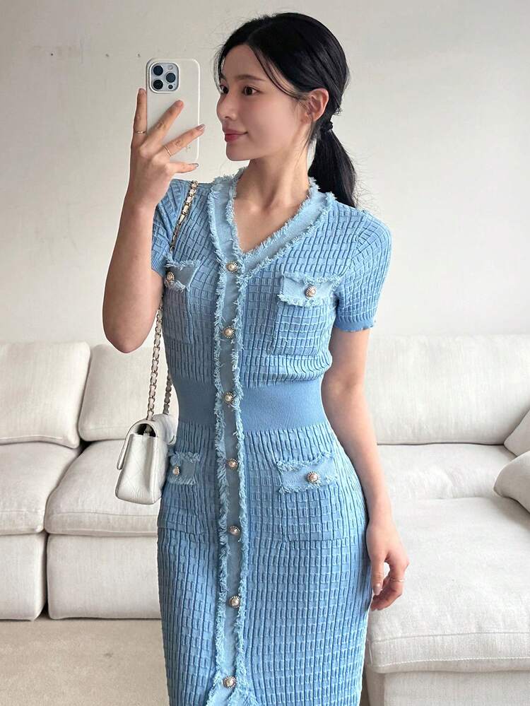 Women's V-Neck Single-Breasted Bodycon Party Knit Dress