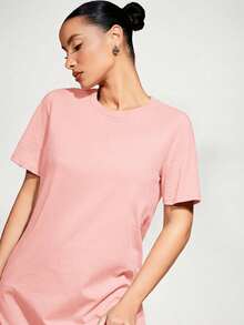 SHEIN BASICS 休闲纯色短袖连衣裙，夏季 - 藕粉色 - 查看 4