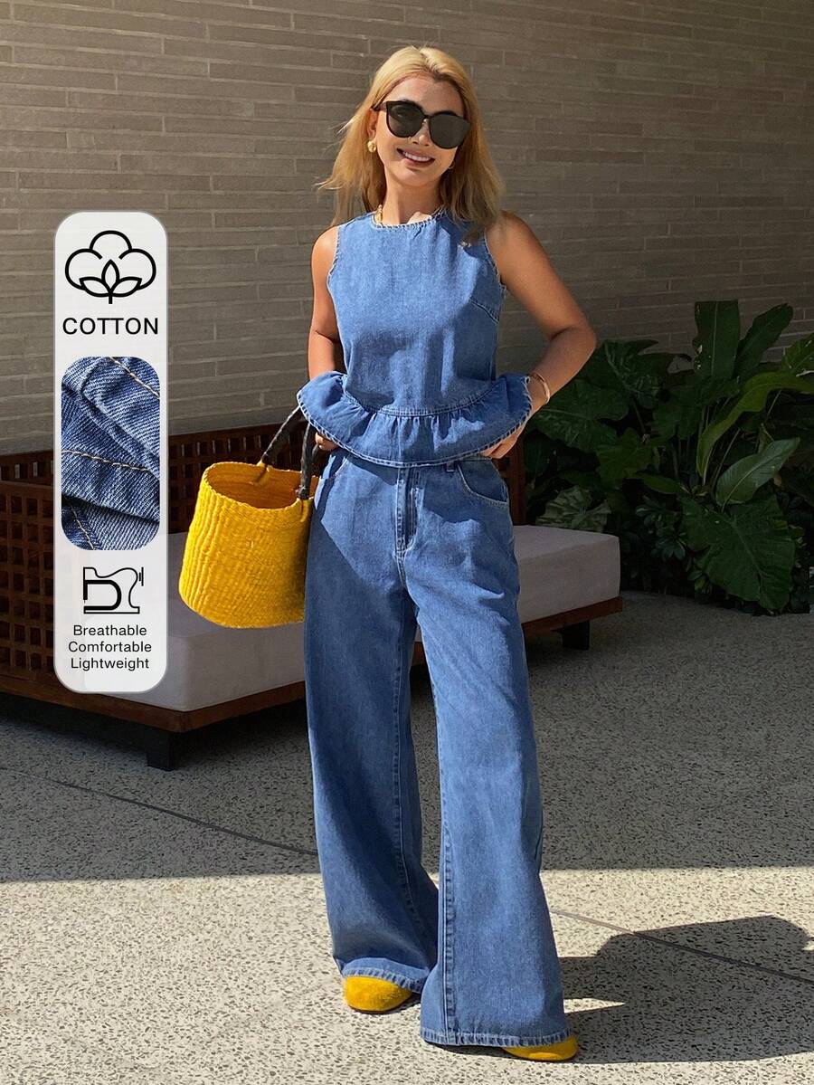 Livesso Women's Casual Ruffle Trim Sleeveless Top And Denim Pants Set - Medium Wash - View 1