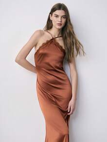 Nöista Women's Caramel Brown Satin Minimalist Spaghetti Strap Maxi Dress - Brown - View 3