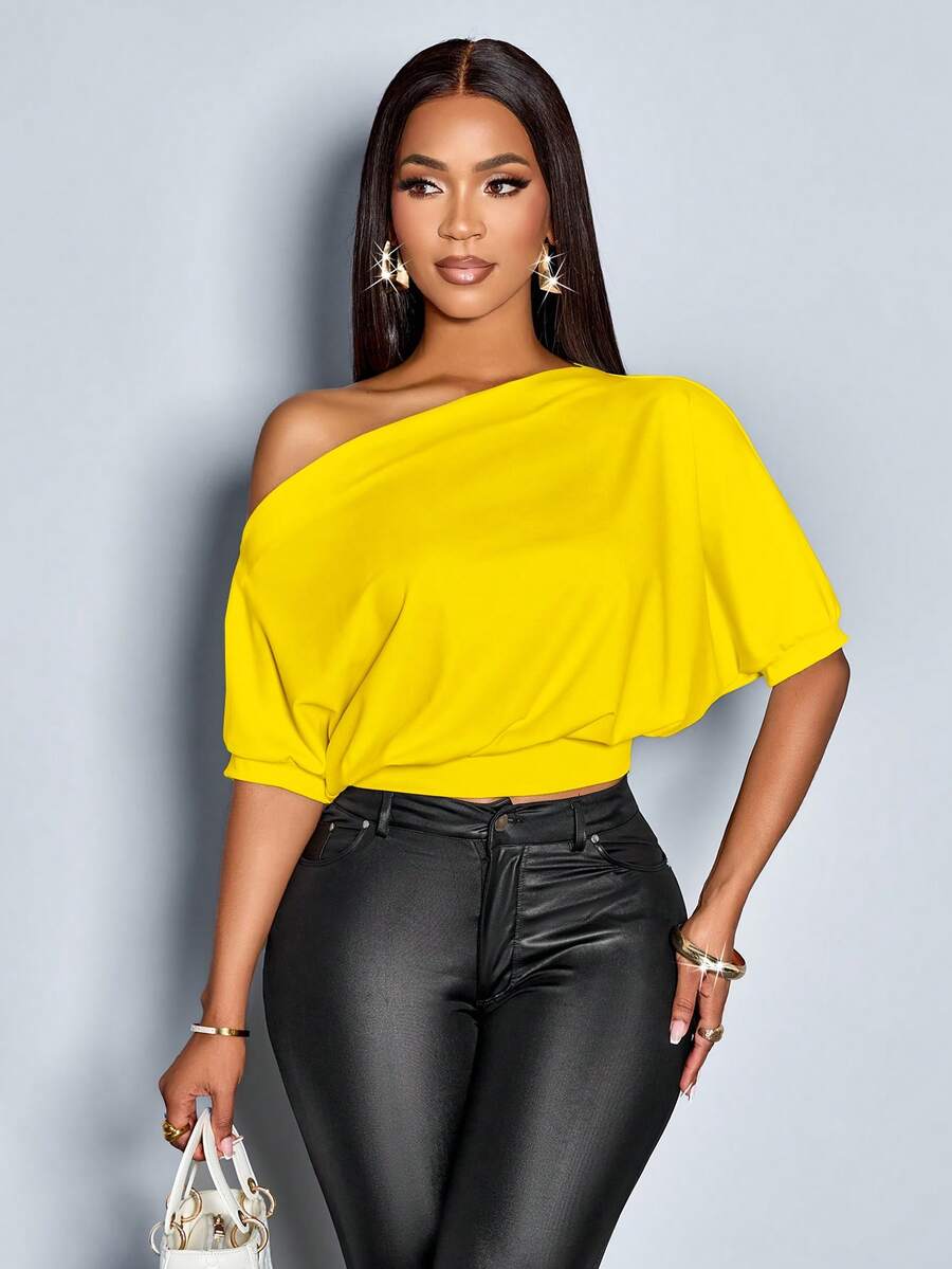 SOLERSUN Women's Solid Asymmetrical Neck Ruched Shoulder Tee - Yellow - View 1